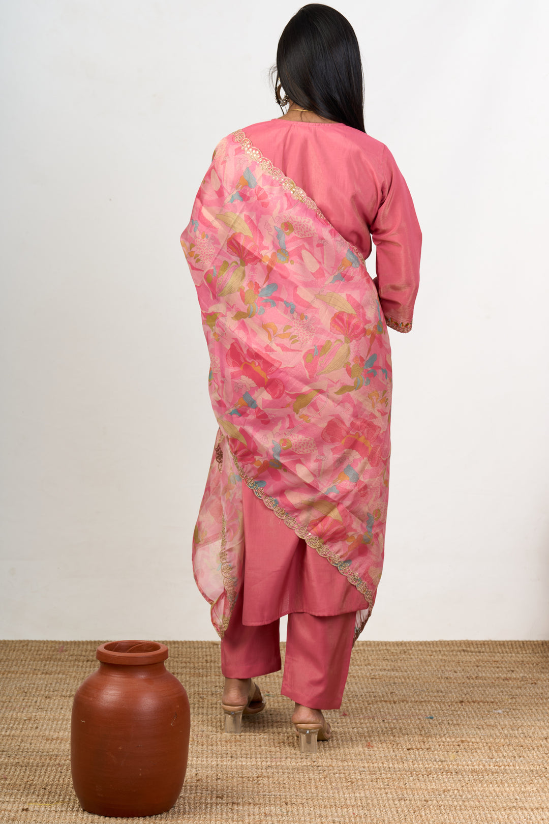 Women’s Christmas Day Dress in Peach Blend Silk with Embroidery and Printed Dupatta