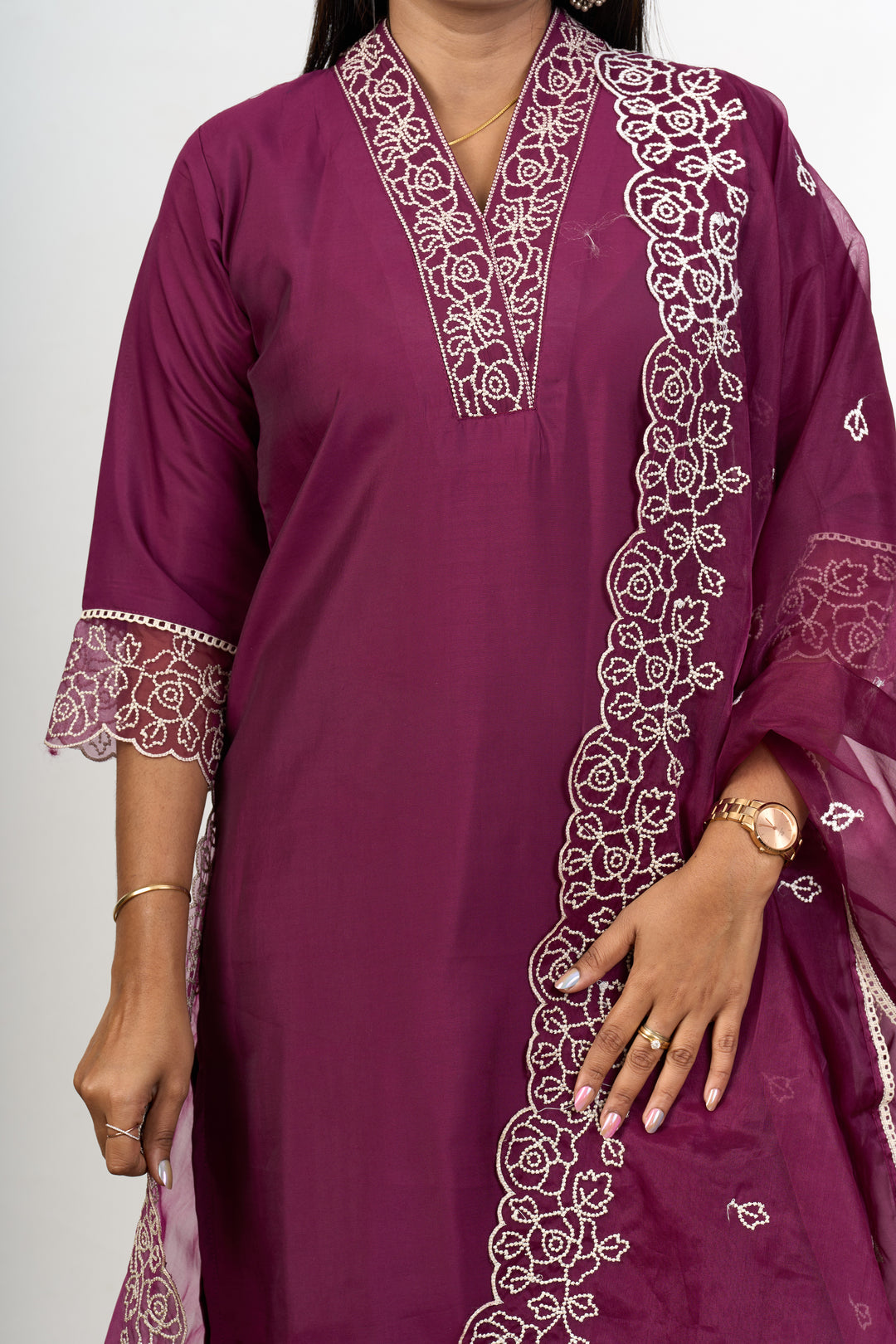 Elegant Purple Chiffon Kurta Set with Floral Embroidery Dupatta