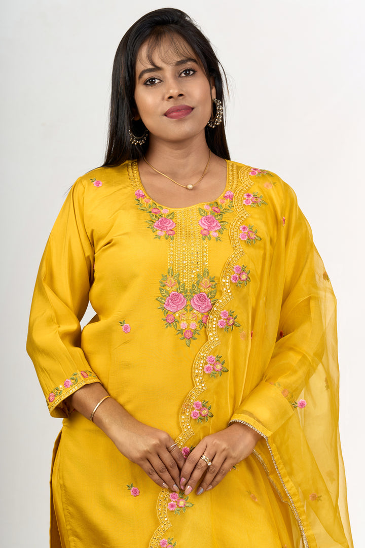 Diwali Function Dress in Vibrant Yellow with Floral Embroidery Womens Straight Suit Set