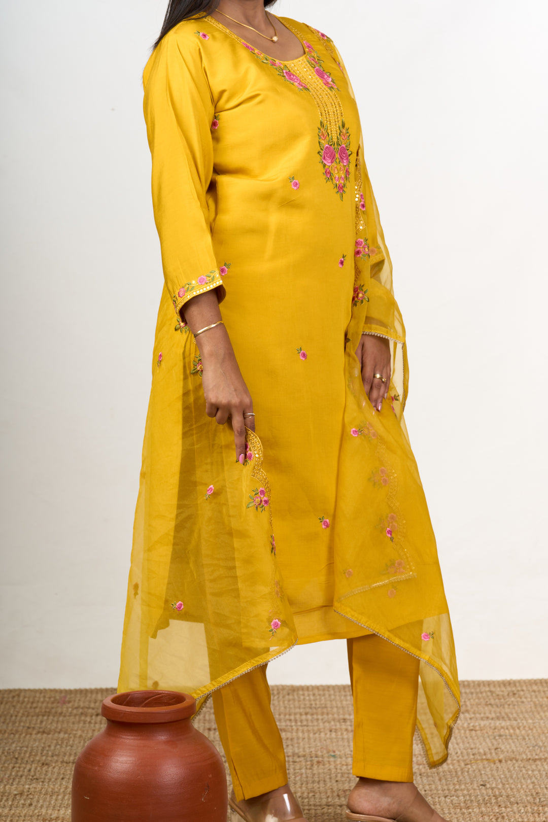 Diwali Function Dress in Vibrant Yellow with Floral Embroidery Womens Straight Suit Set