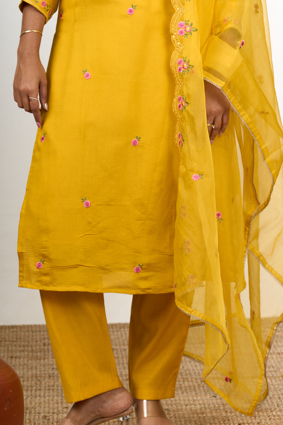 Diwali Function Dress in Vibrant Yellow with Floral Embroidery Womens Straight Suit Set