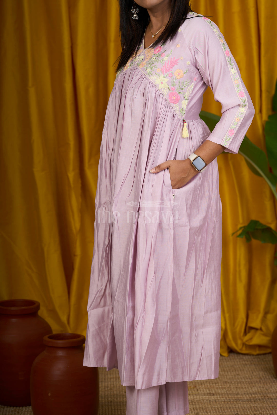 Soft Lavender Viscose Muslin Silk Anarkali Suit Set with Embroidered Bodice and Floral Design for Women