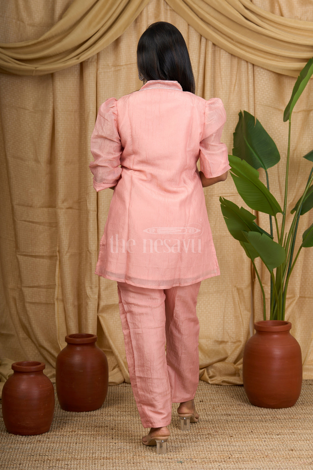 Soft Pink Tissue Glaze Organza Co-ord Set with Floral Embroidery and Puffed Sleeves for Women