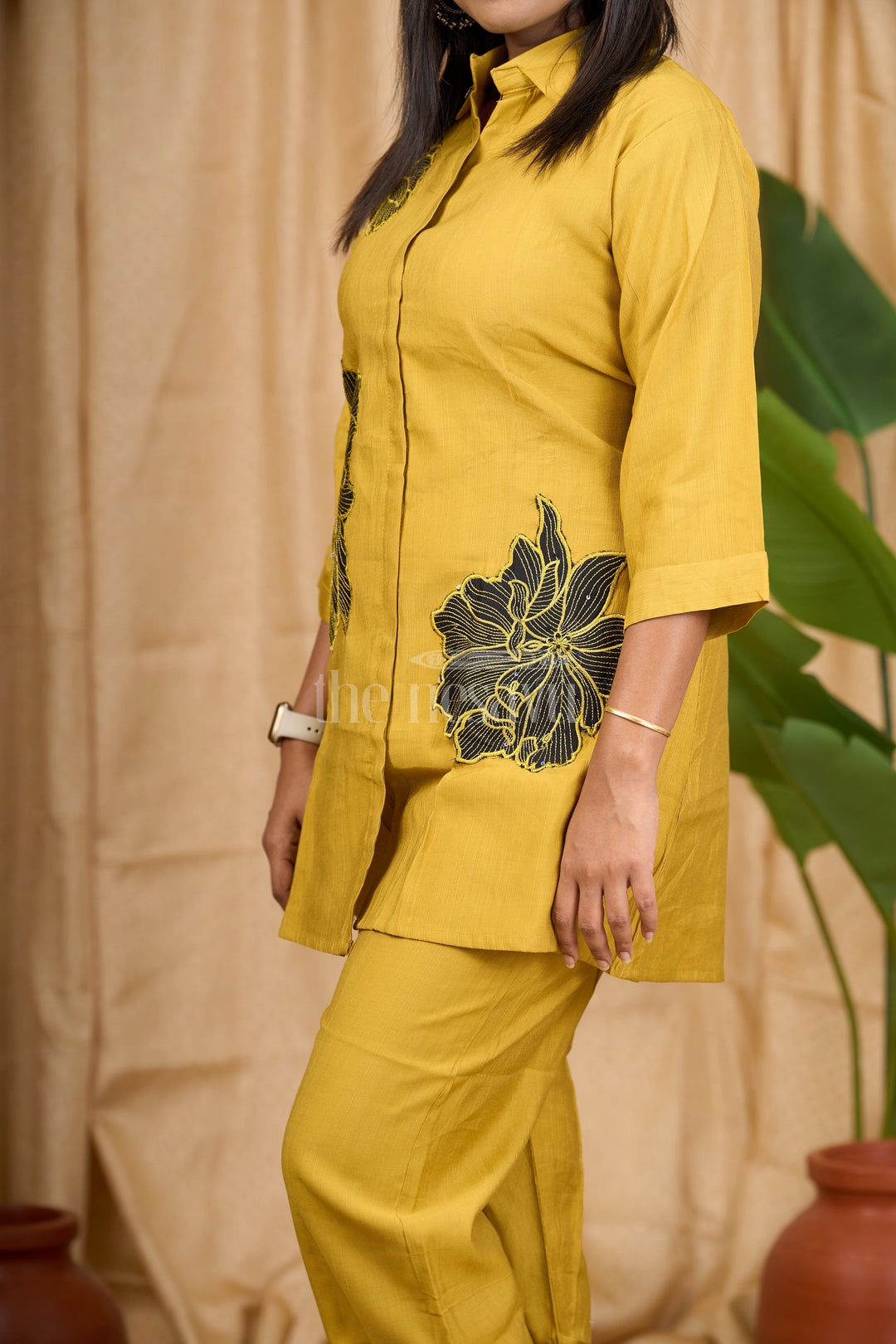 Mustard Viscose Blend Co-ord Set with Bold Black Floral Embroidery and Shirt Collar for Women