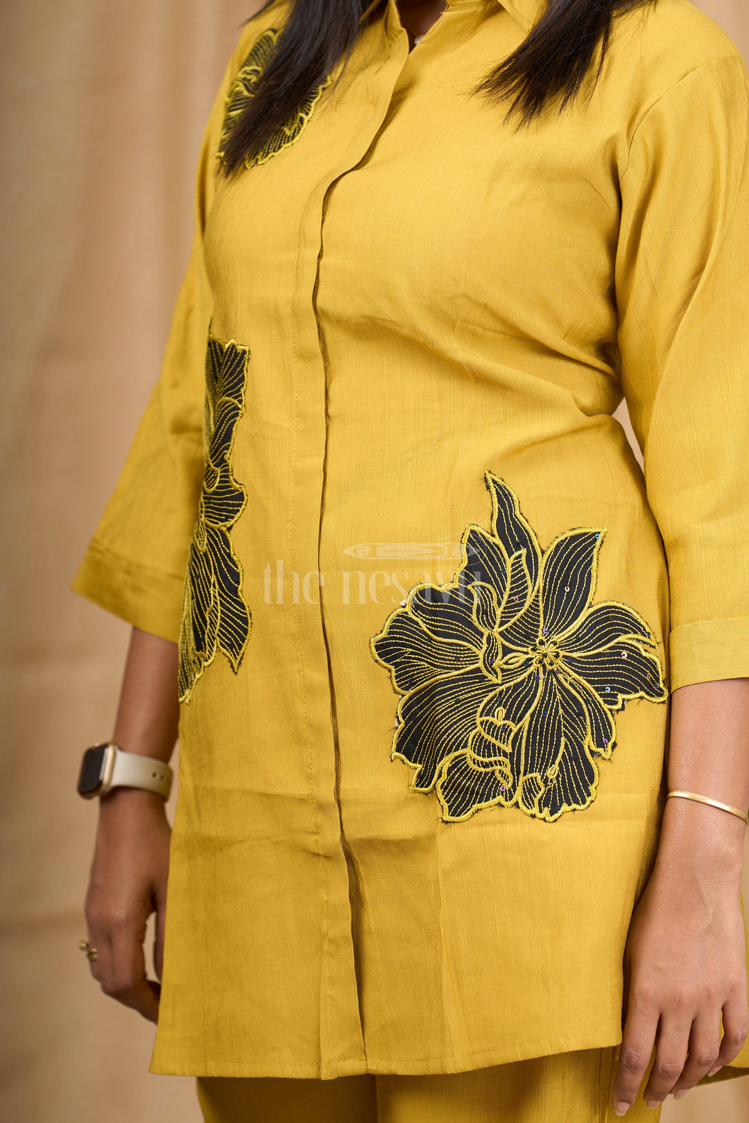 Mustard Viscose Blend Co-ord Set with Bold Black Floral Embroidery and Shirt Collar for Women