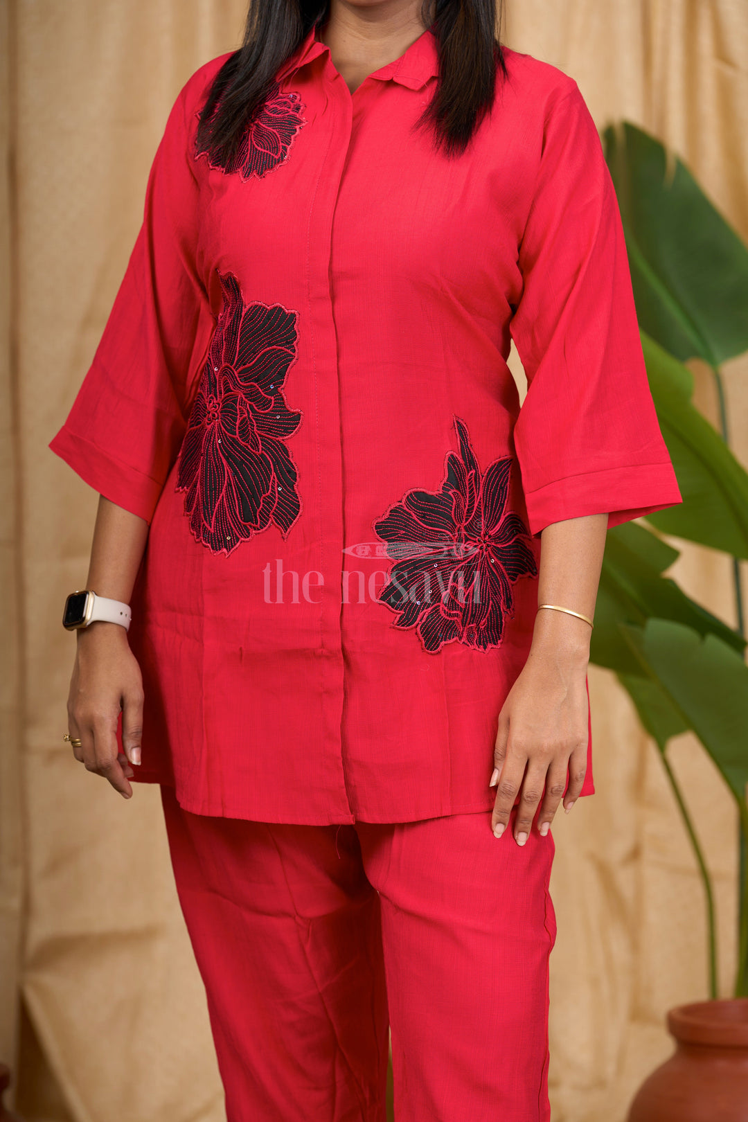 Red Viscose Blend Co-ord Set with Bold Black Floral Embroidery and Shirt Collar for Women