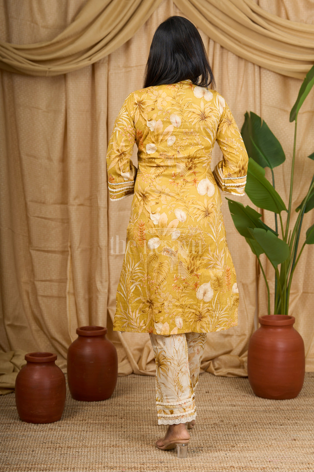 Mustard Yellow Floral Cotton Kurti Set with Lace Detailing for Women