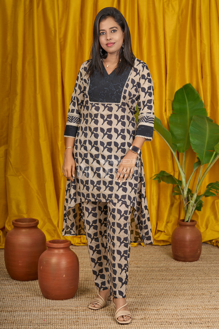 Blue Batik Printed Cotton Flared Suit Set with Lace Detailing on Collared Neckline for Women