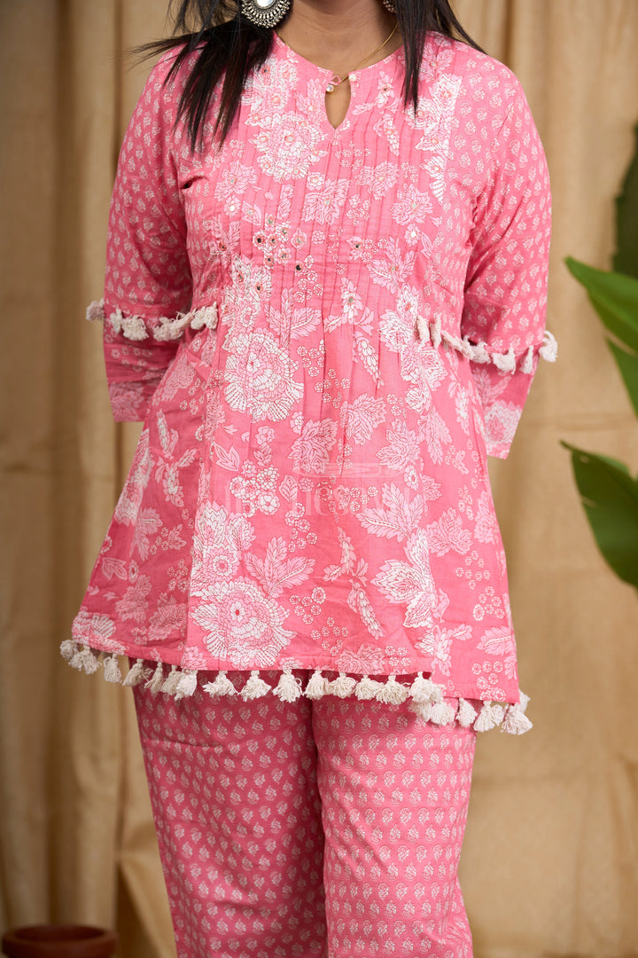 Pink Jaipuri Block Print Co-Ord Set for Women with Pom-Pom Detailing