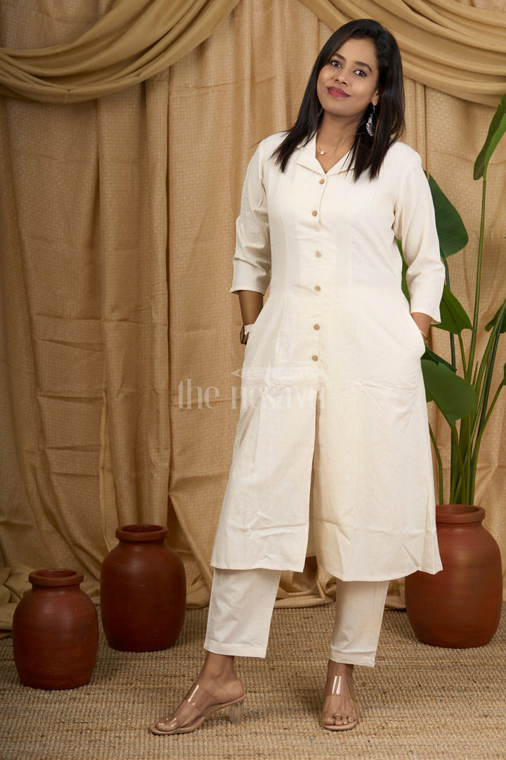 Cream Cotton Kurta Co-Ord Set for Women with Wooden Buttons