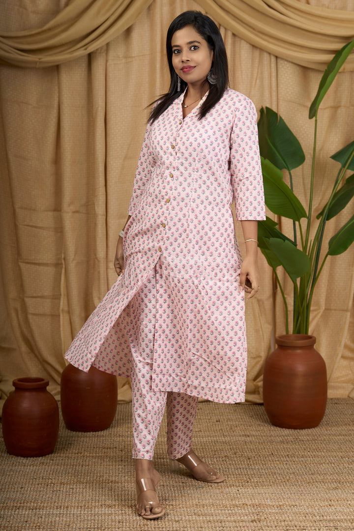 Purple Cotton Flared Kurta Co-Ord Set for Women with Floral Print