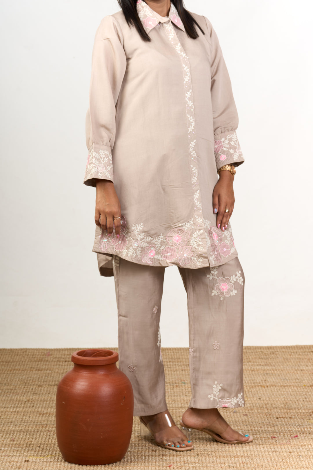 Elegant Linen Co Ord Trouser Set for Women with Subtle Embroidery Detailing