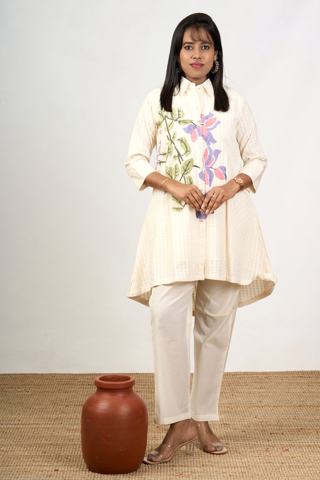 Classic Solid Co Ord Set for Women in White Cotton with Minimalist Embroidery