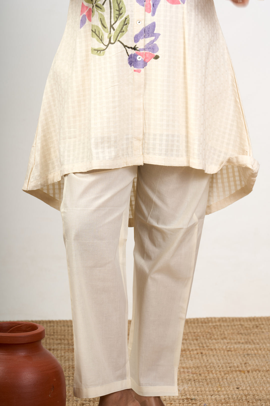 Classic Solid Co Ord Set for Women in White Cotton with Minimalist Embroidery