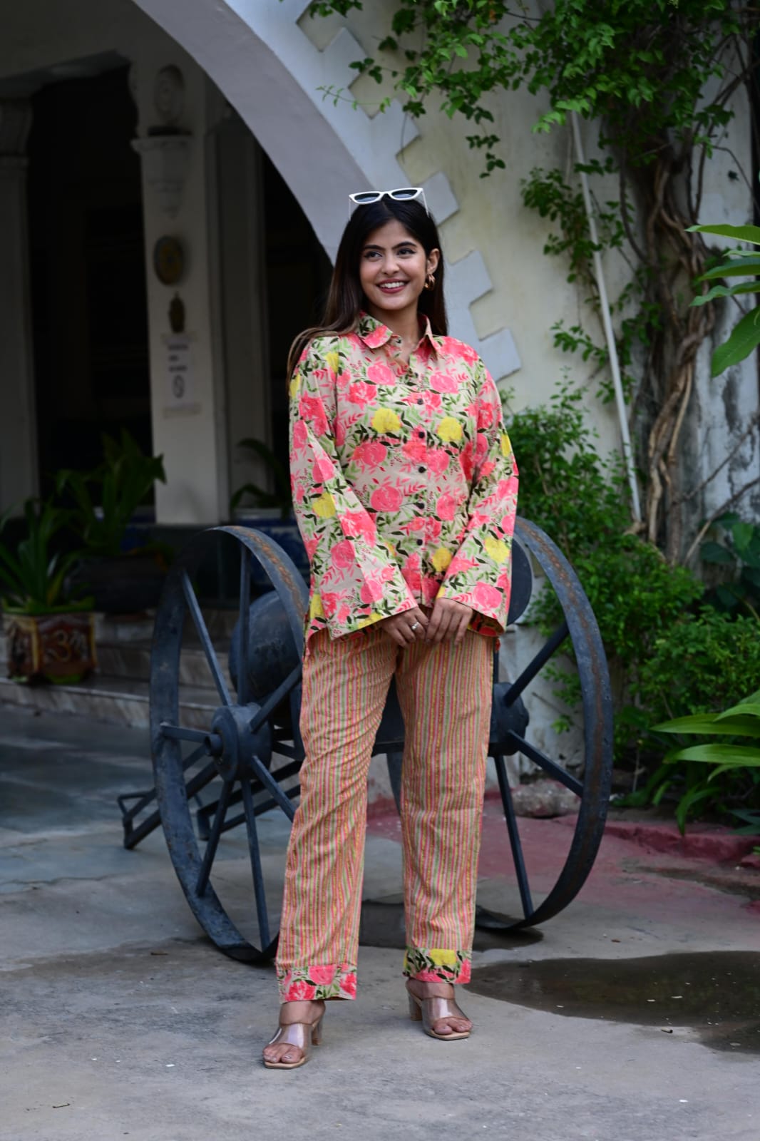 Trendy Women’s Cotton Co-Ord Set with Floral Print Shirt and Striped Pants