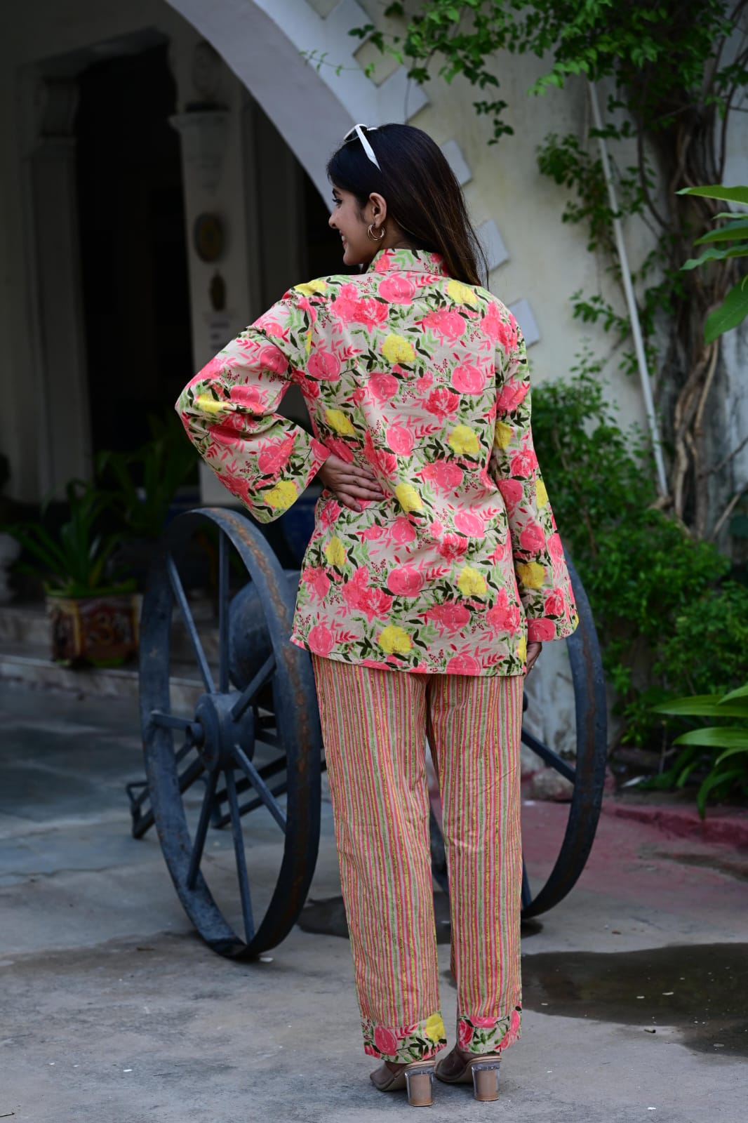 Trendy Women’s Cotton Co-Ord Set with Floral Print Shirt and Striped Pants