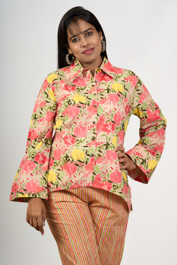 Trendy Women’s Cotton Co-Ord Set with Floral Print Shirt and Striped Pants