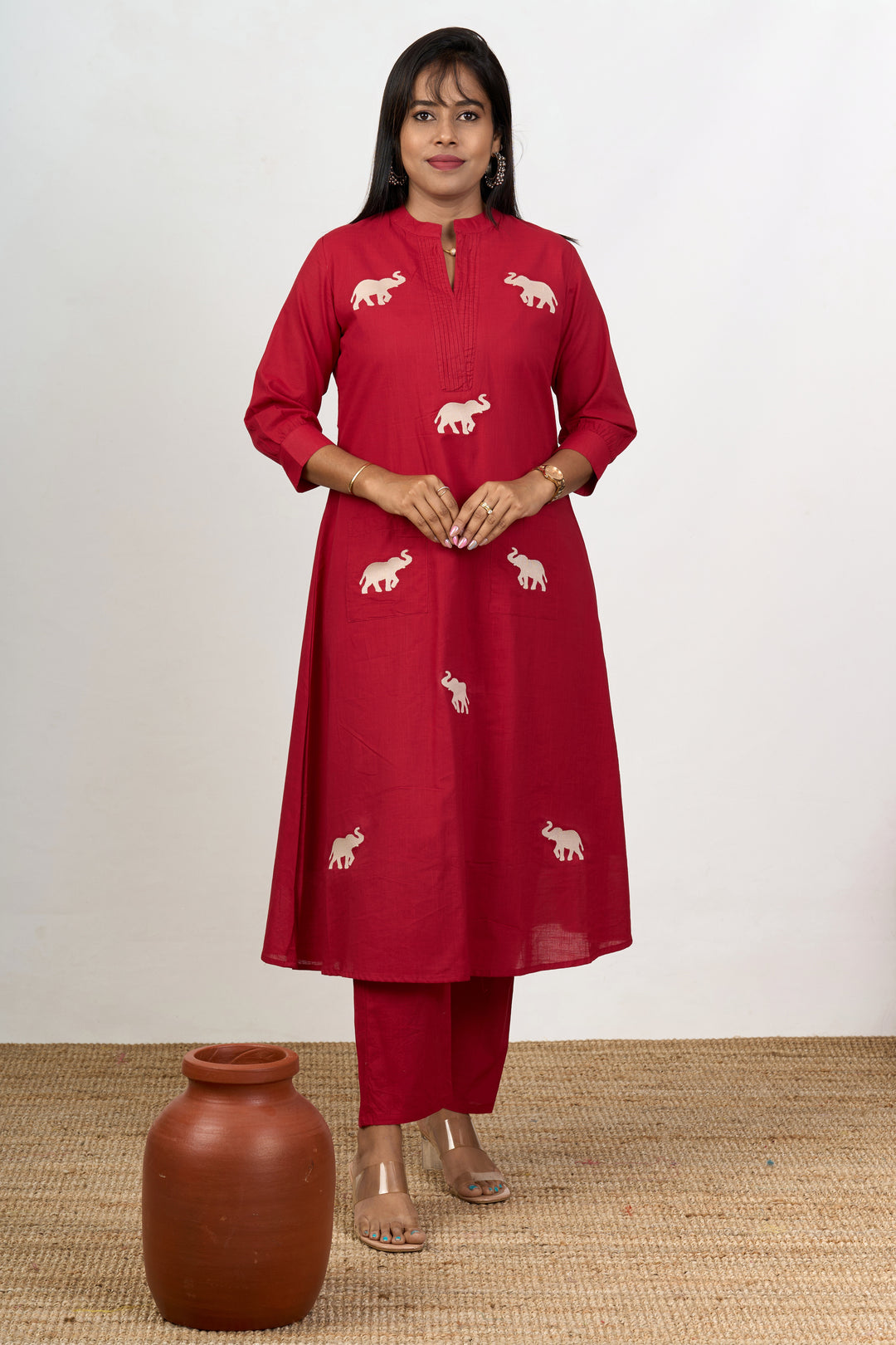 Chic Womens Flared Kurta with Elephant Motif Embroidery in Red Cotton Fabric