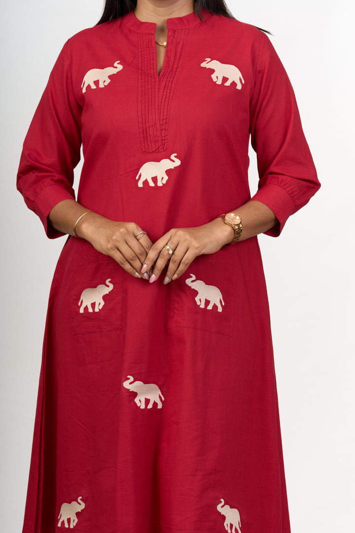 Chic Womens Flared Kurta with Elephant Motif Embroidery in Red Cotton Fabric