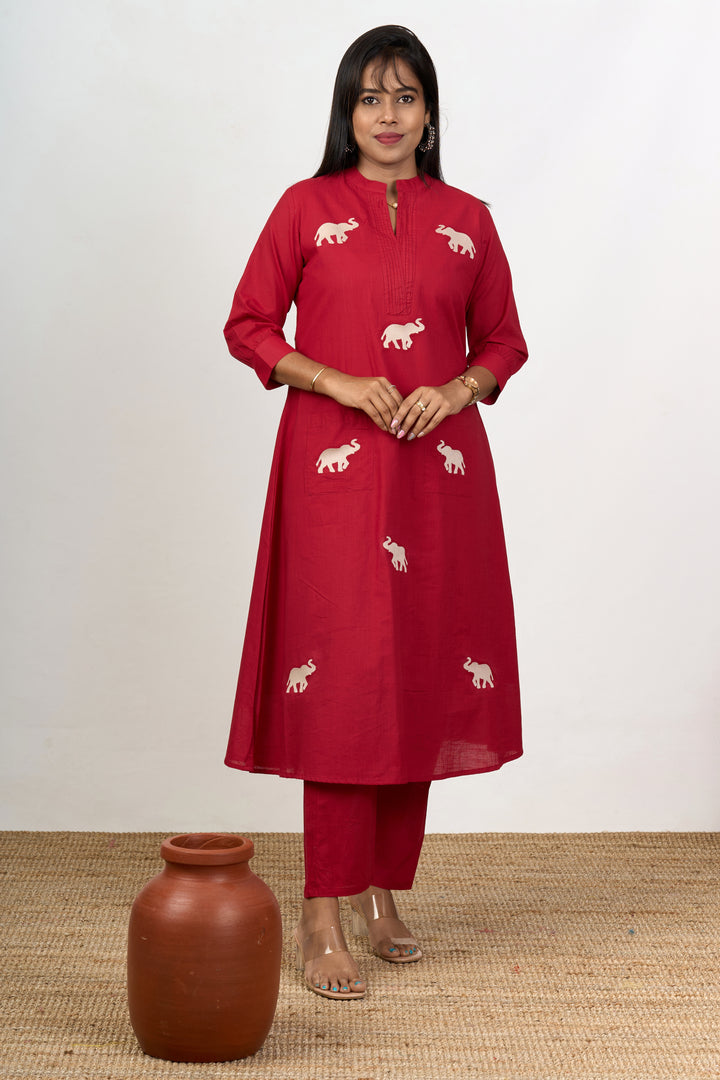 Chic Womens Flared Kurta with Elephant Motif Embroidery in Red Cotton Fabric