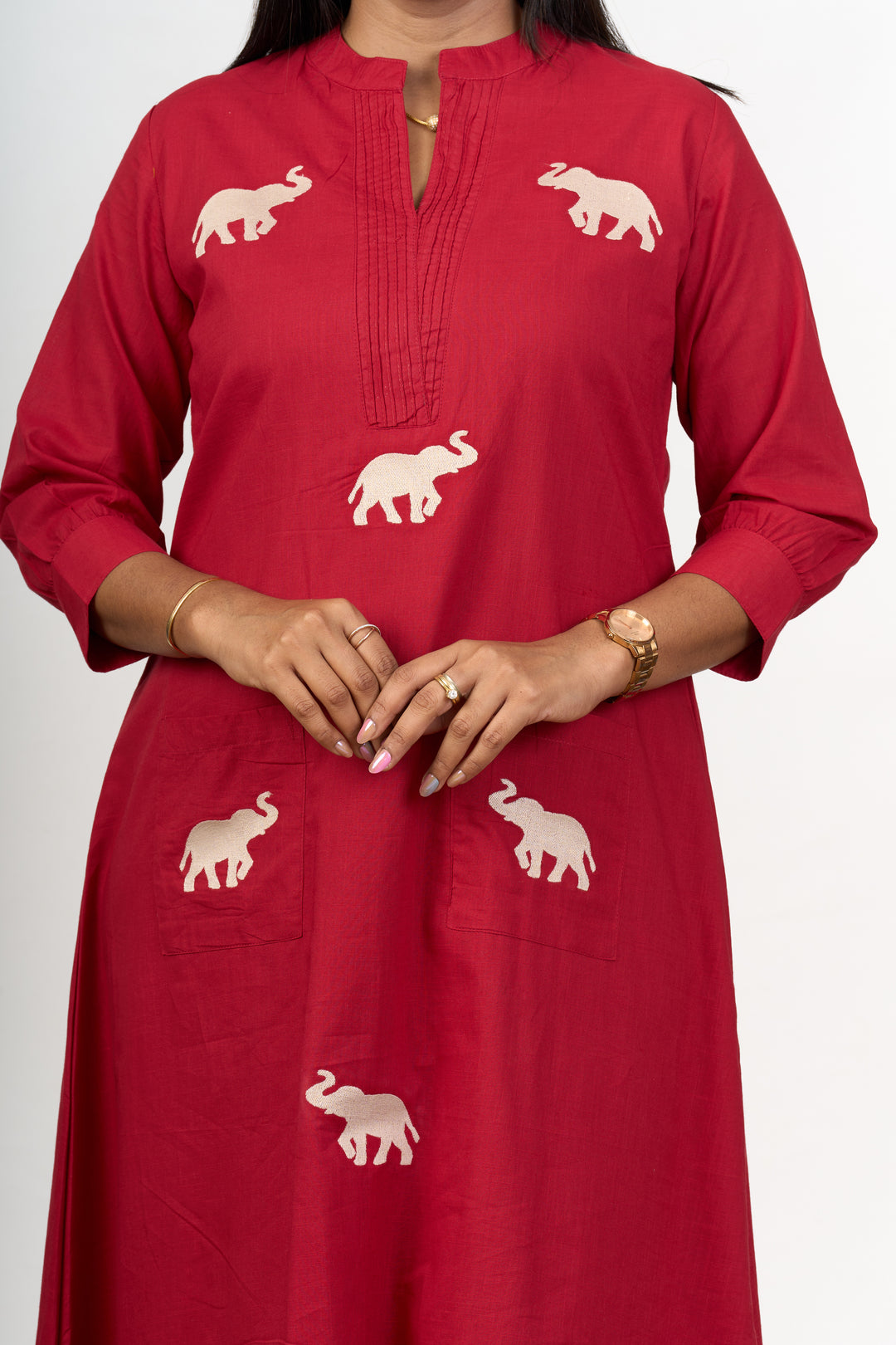 Chic Womens Flared Kurta with Elephant Motif Embroidery in Red Cotton Fabric