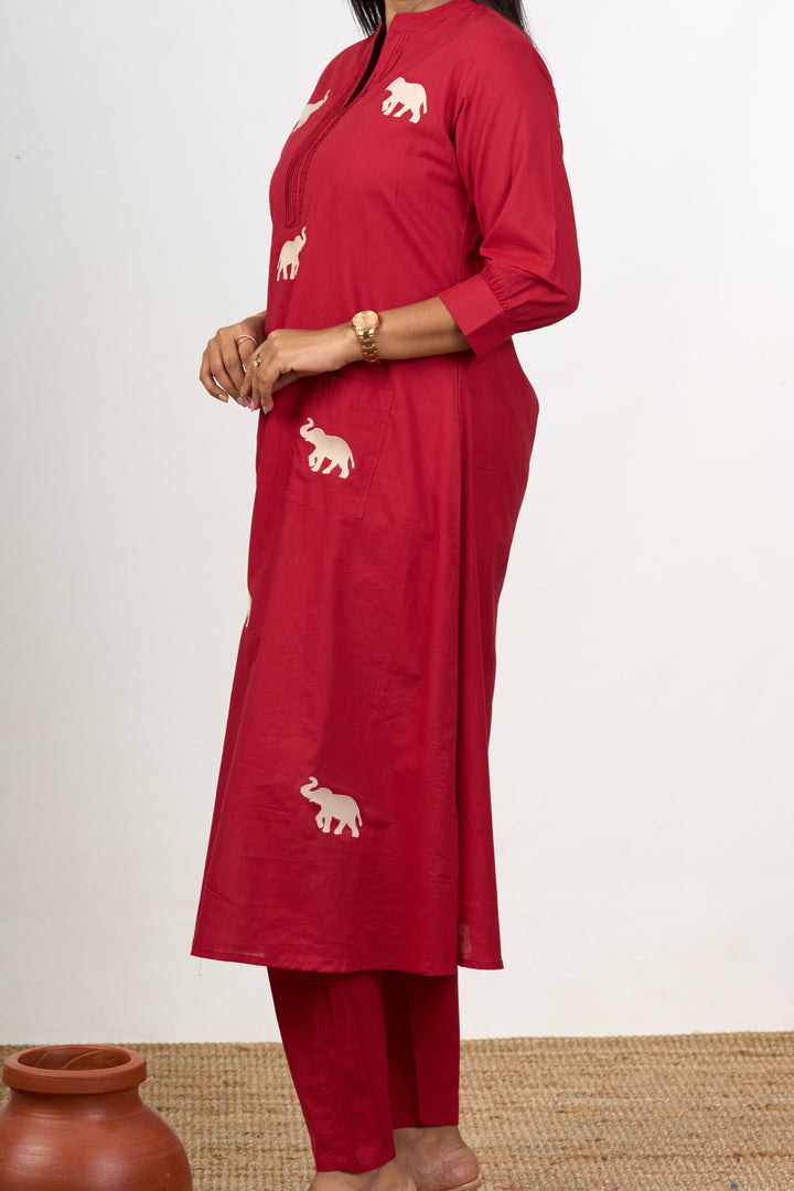 Chic Womens Flared Kurta with Elephant Motif Embroidery in Red Cotton Fabric