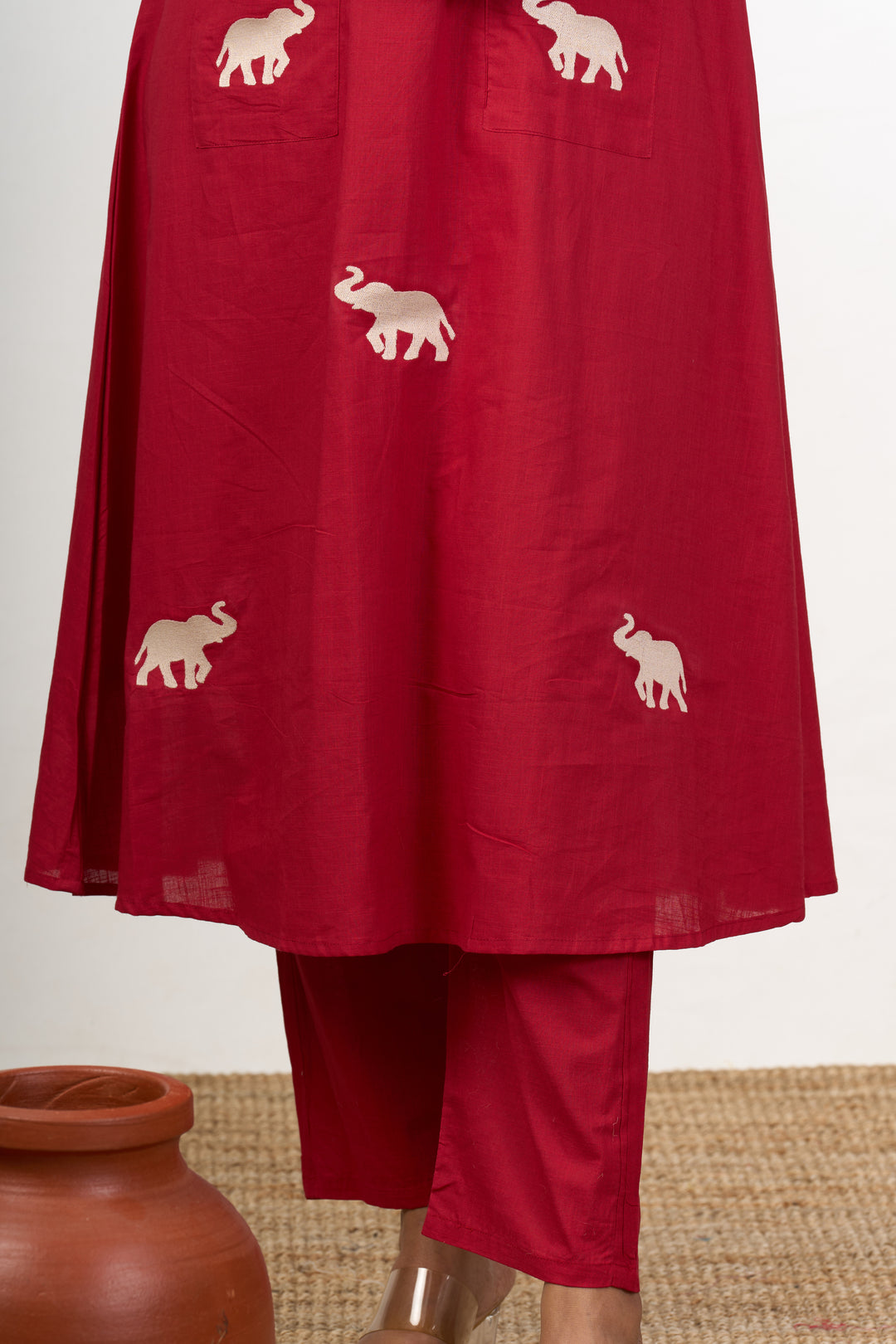 Chic Womens Flared Kurta with Elephant Motif Embroidery in Red Cotton Fabric