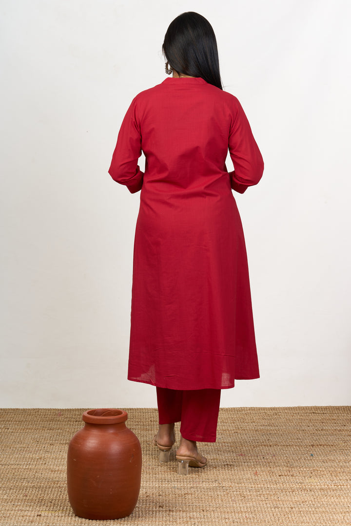 Chic Womens Flared Kurta with Elephant Motif Embroidery in Red Cotton Fabric