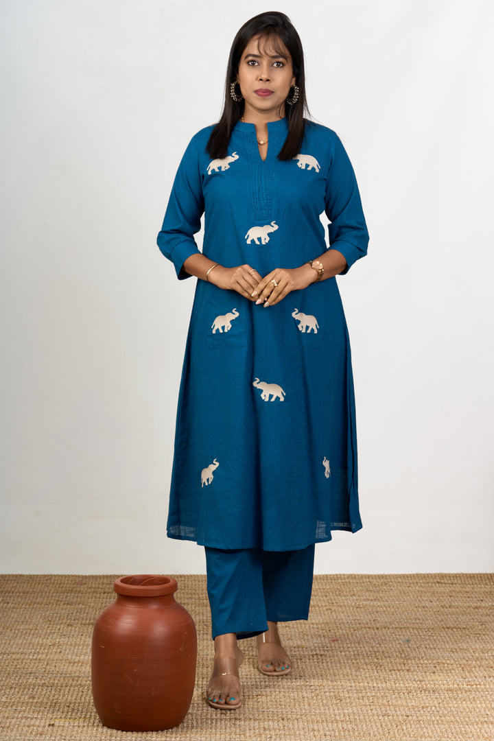 Elegant Womens Blue Cotton Flared Kurta with Embroidered Elephant Motifs