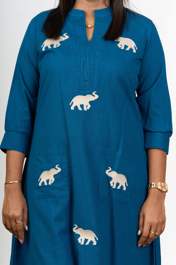 Elegant Womens Blue Cotton Flared Kurta with Embroidered Elephant Motifs