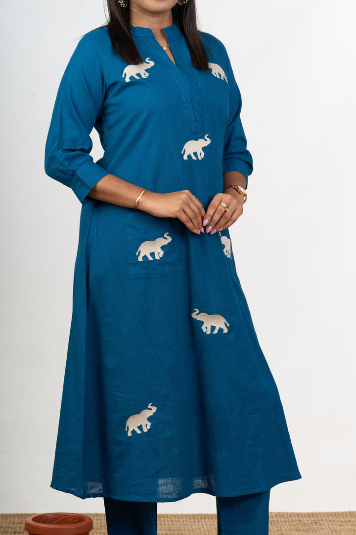 Elegant Womens Blue Cotton Flared Kurta with Embroidered Elephant Motifs