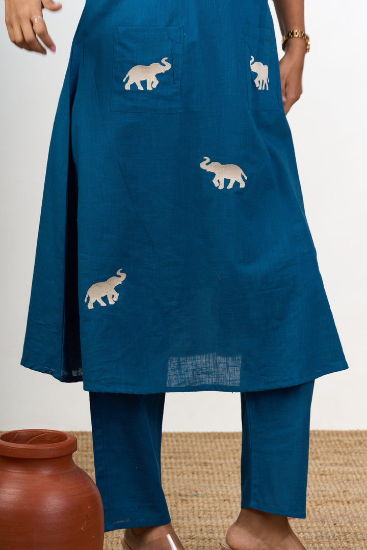 Elegant Womens Blue Cotton Flared Kurta with Embroidered Elephant Motifs