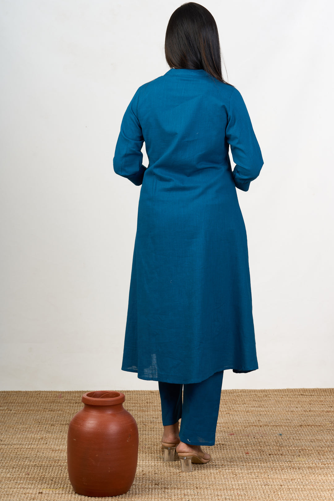 Elegant Womens Blue Cotton Flared Kurta with Embroidered Elephant Motifs