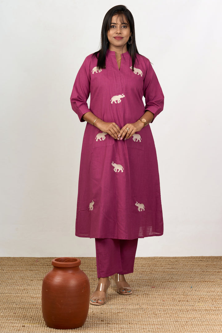 Graceful Womens Purple Cotton Flared Kurta with Embroidered Elephant Motifs