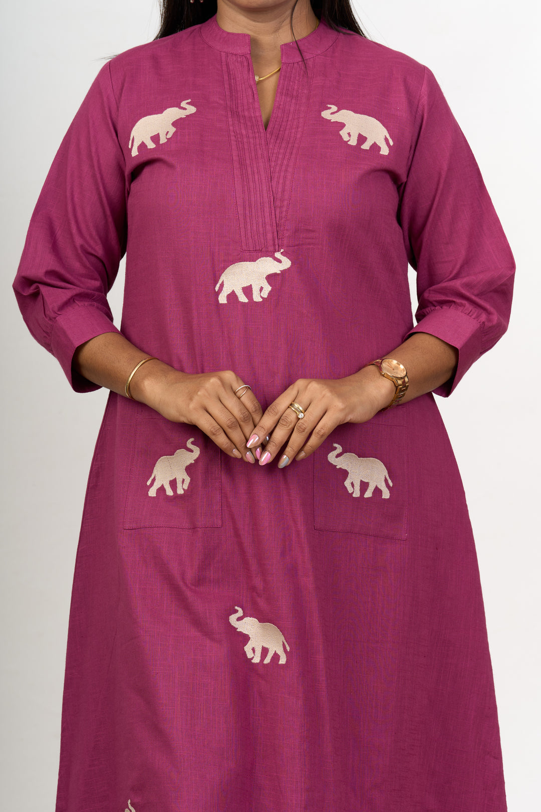 Graceful Womens Purple Cotton Flared Kurta with Embroidered Elephant Motifs