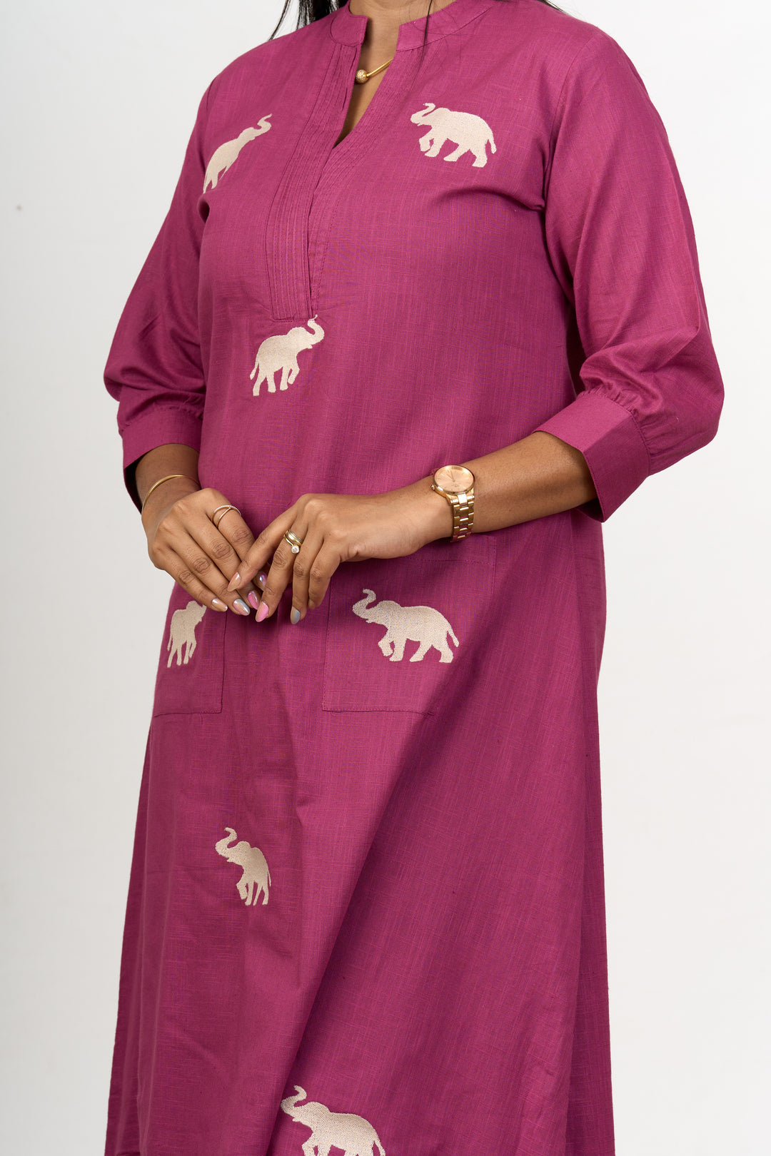 Graceful Womens Purple Cotton Flared Kurta with Embroidered Elephant Motifs