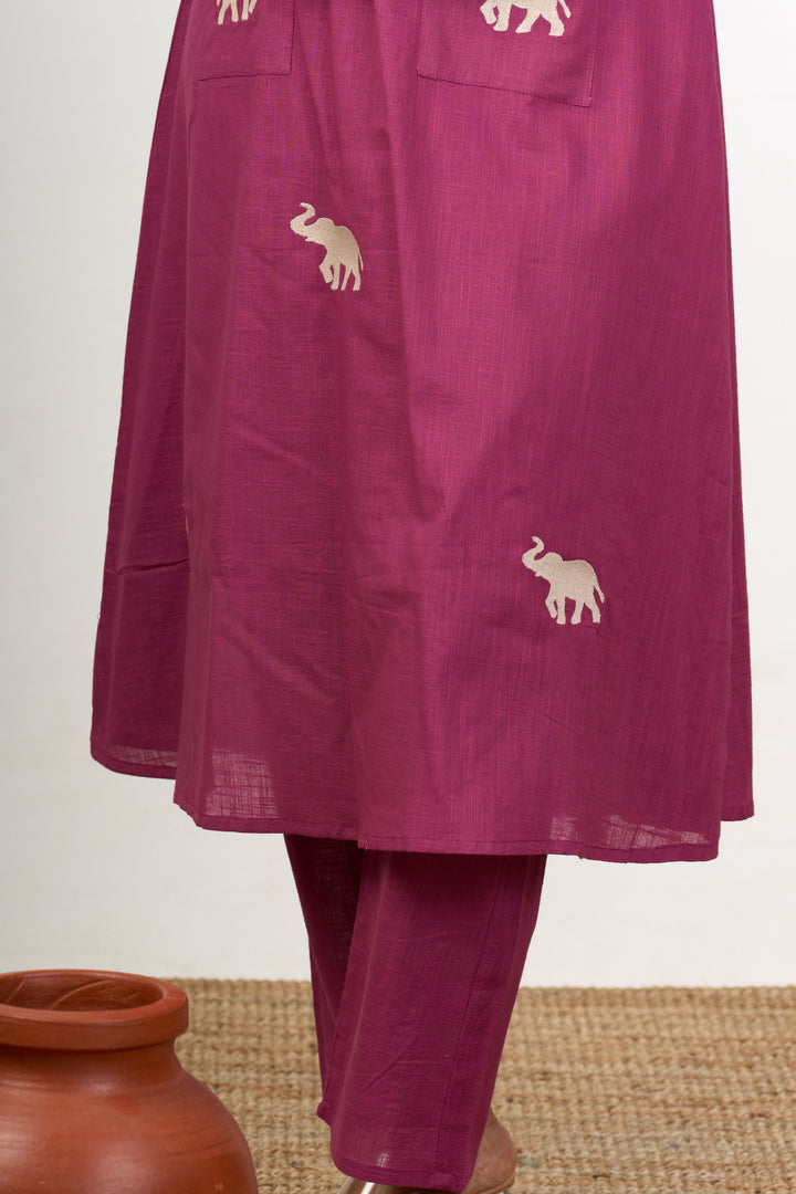 Graceful Womens Purple Cotton Flared Kurta with Embroidered Elephant Motifs