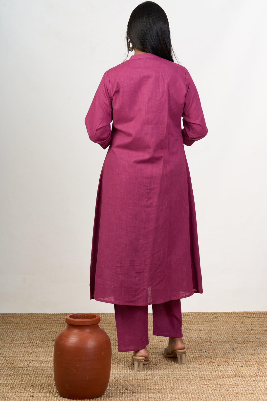 Graceful Womens Purple Cotton Flared Kurta with Embroidered Elephant Motifs