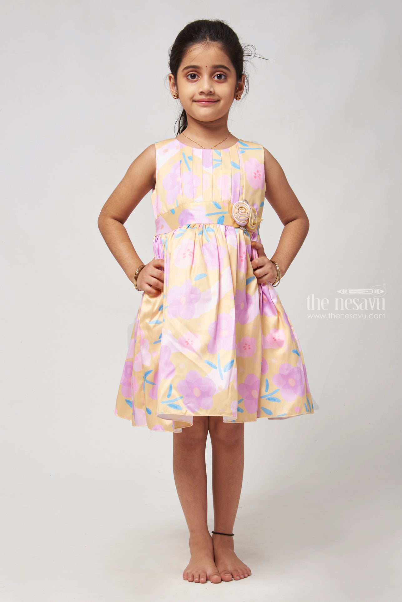 2-3 yrs Yellow Ajrak Tiered Dress (Kid) - Byhand