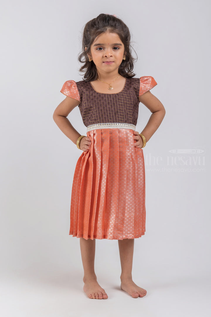 The Nesavu Silk Embroidered Frock Adorable Checked Pattern Dark Brown Yoke and Knife Pleated Zari With Geometrical Designer Orange Silk Frock for Girls psr silks Nesavu 16 (1Y) / Orange / Semi Silk SF616B