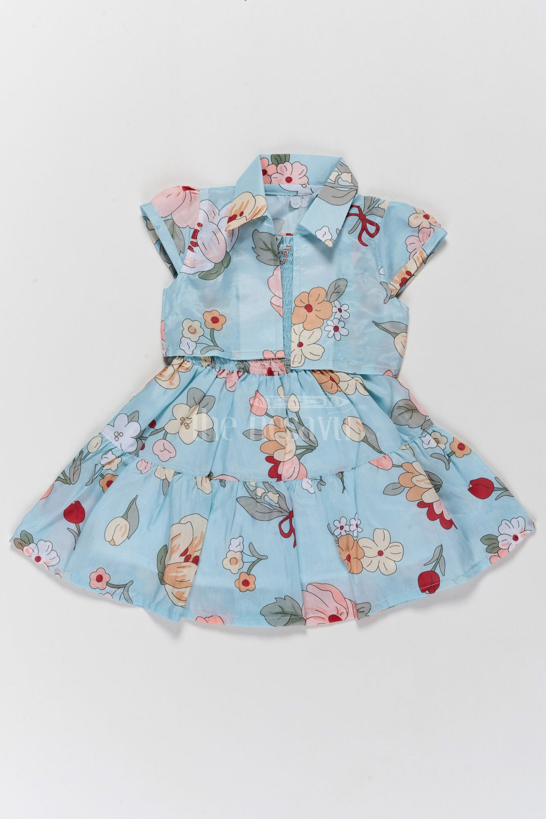 The Nesavu Girls Fancy Frock Adorable Girls Cute Frock in Cotton Blend with Floral Patterns and Tiered Design Nesavu 20 (3Y) / Blue GFC1536A-20 Nesavu Adorable Blue Floral Cotton Blend Cute Frock Tiered Layers Girls