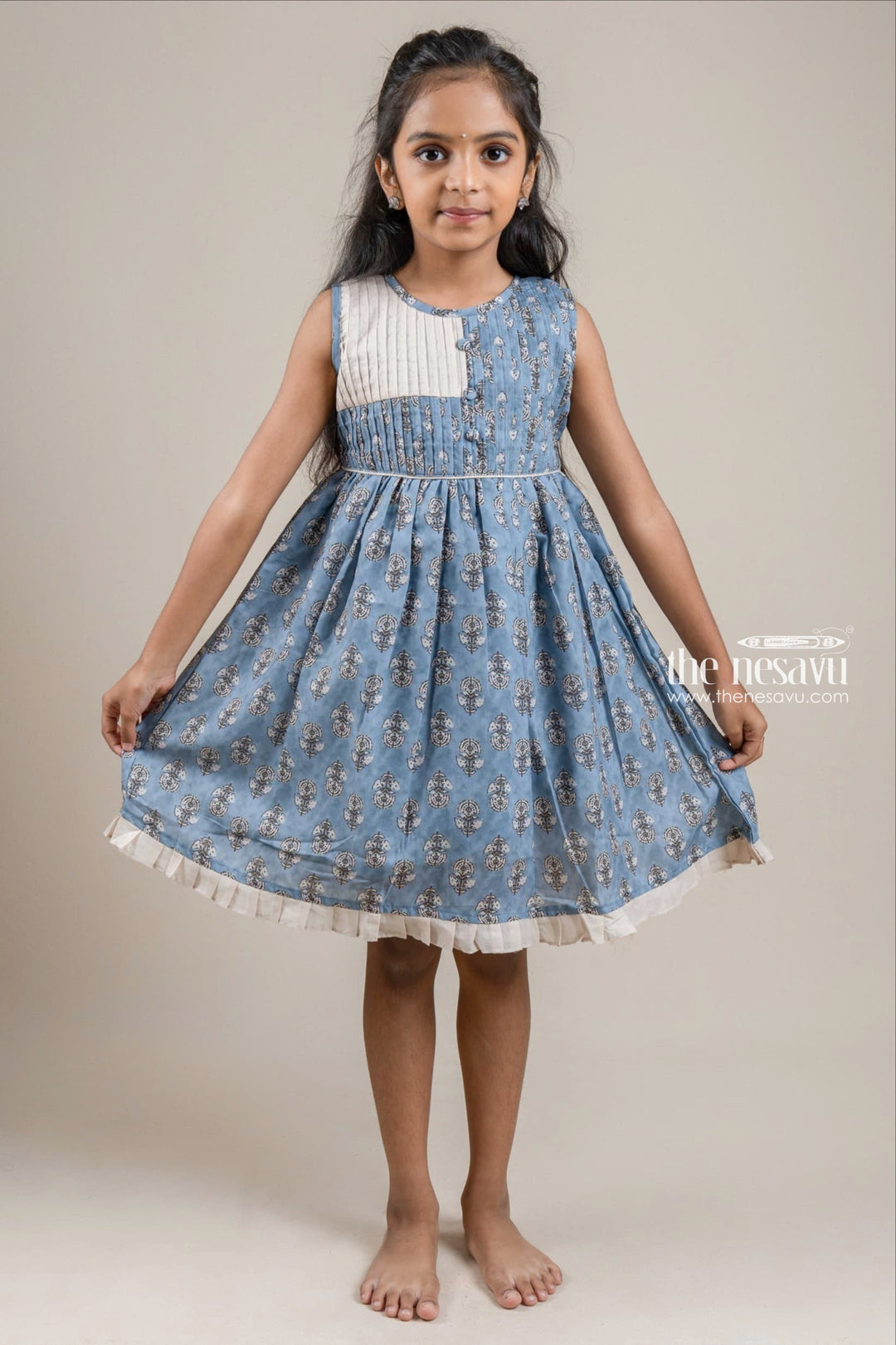 The Nesavu Girls Fancy Frock Adorable Hand Block Printed Sleeveless Blue Cotton Frock with Embellished Potli Button for Girls Nesavu Hand Block Printed Cotton Frock | Latest Cotton Frock | The Nesavu