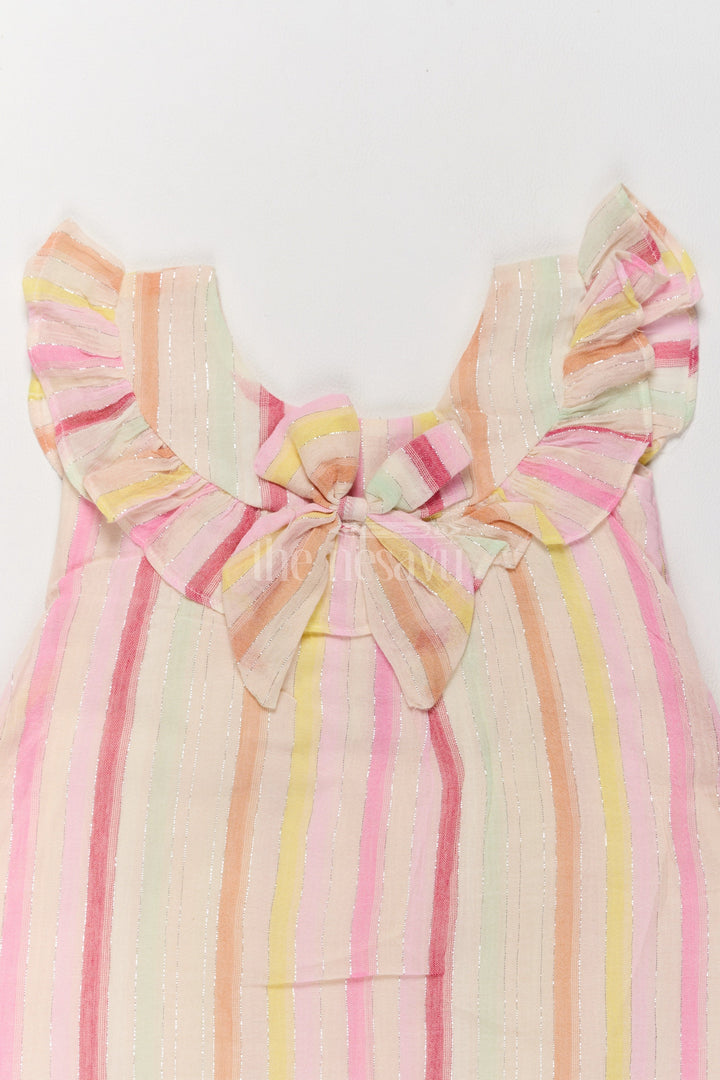 The Nesavu Girls Cotton Frock Adorable Handmade Cotton Frock with Pastel Stripes and Bow Accent Nesavu Handmade Girls Cotton Frock Pastel Stripes Bow  Nesavu