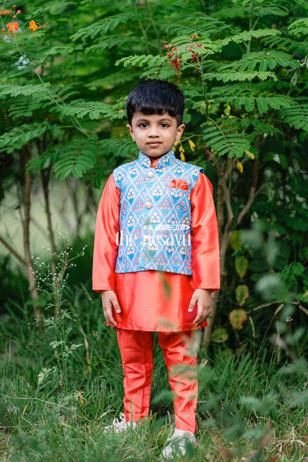 The Nesavu Boys Jacket Sets Adorable Orange Boys Kurta Set With Blue Floral Printed OverCoat Nesavu 12 (3M) / Orange / Semi Silk BES239B-12 Premium Festive Kurta Set For Boys | Boys Kurta Online | The Nesavu