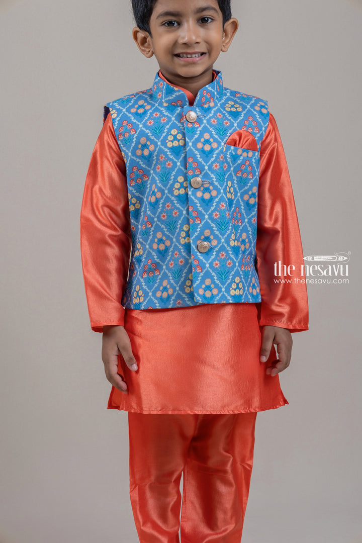 The Nesavu Boys Jacket Sets Adorable Orange Boys Kurta Set With Blue Floral Printed OverCoat Nesavu Premium Festive Kurta Set For Boys | Boys Kurta Online | The Nesavu