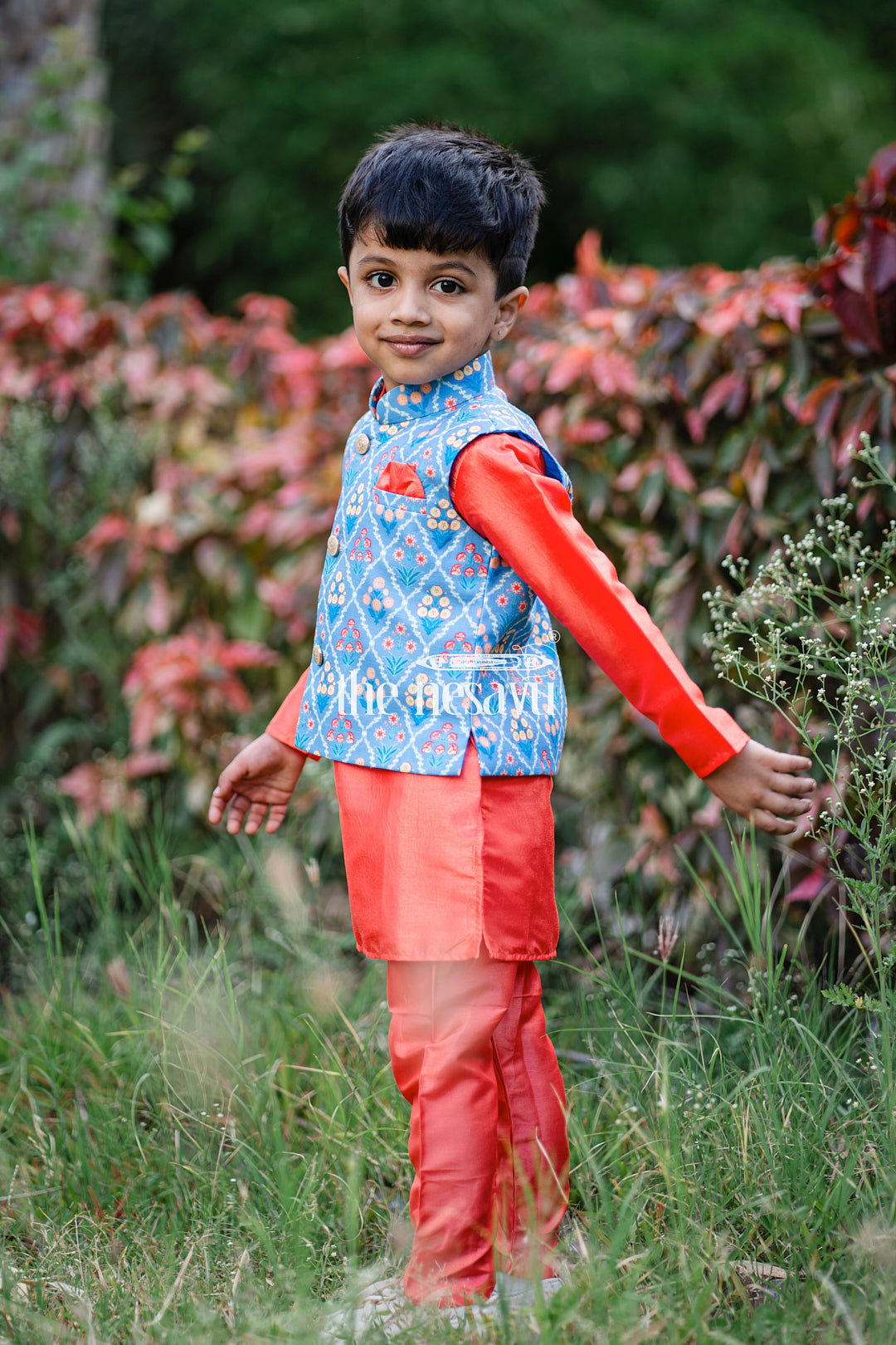 The Nesavu Boys Jacket Sets Adorable Orange Boys Kurta Set With Blue Floral Printed OverCoat Nesavu Premium Festive Kurta Set For Boys | Boys Kurta Online | The Nesavu