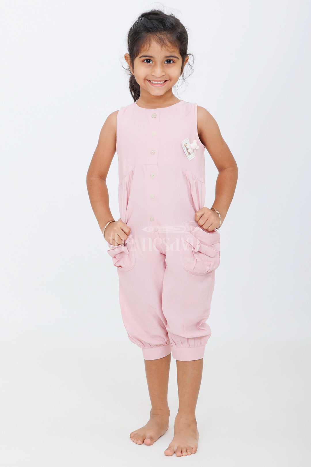 The Nesavu Girls Jumpsuit Adorable Pink Girls Jumpsuit with Oversized Bow Pockets and Button-Down Front Nesavu 16 (1Y) / Pink GFC1421A-16 Nesavu Pink Girls Jumpsuit Button-Down Front Oversized Bow Pockets Playful Outings