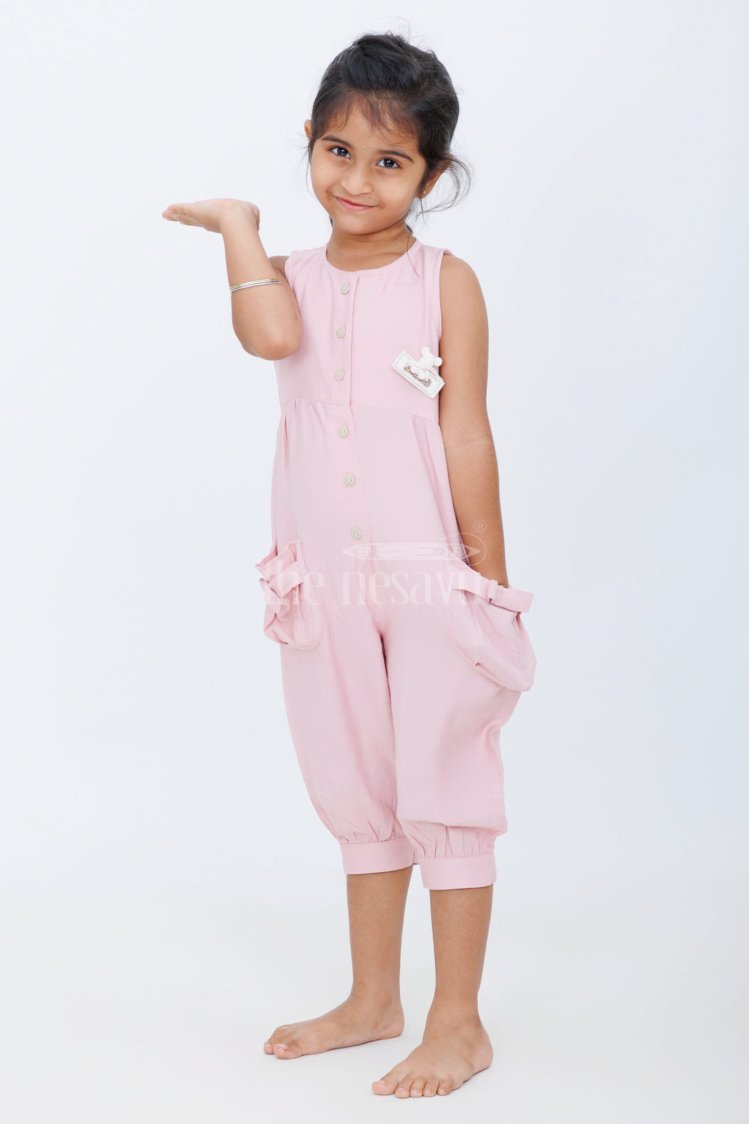 The Nesavu Girls Jumpsuit Adorable Pink Girls Jumpsuit with Oversized Bow Pockets and Button-Down Front Nesavu Nesavu Pink Girls Jumpsuit Button-Down Front Oversized Bow Pockets Playful Outings