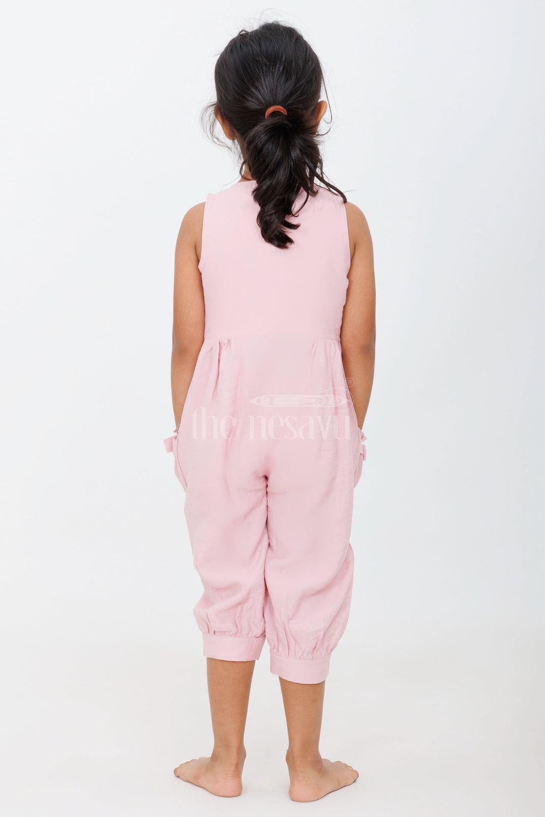 The Nesavu Girls Jumpsuit Adorable Pink Girls Jumpsuit with Oversized Bow Pockets and Button-Down Front Nesavu Nesavu Pink Girls Jumpsuit Button-Down Front Oversized Bow Pockets Playful Outings