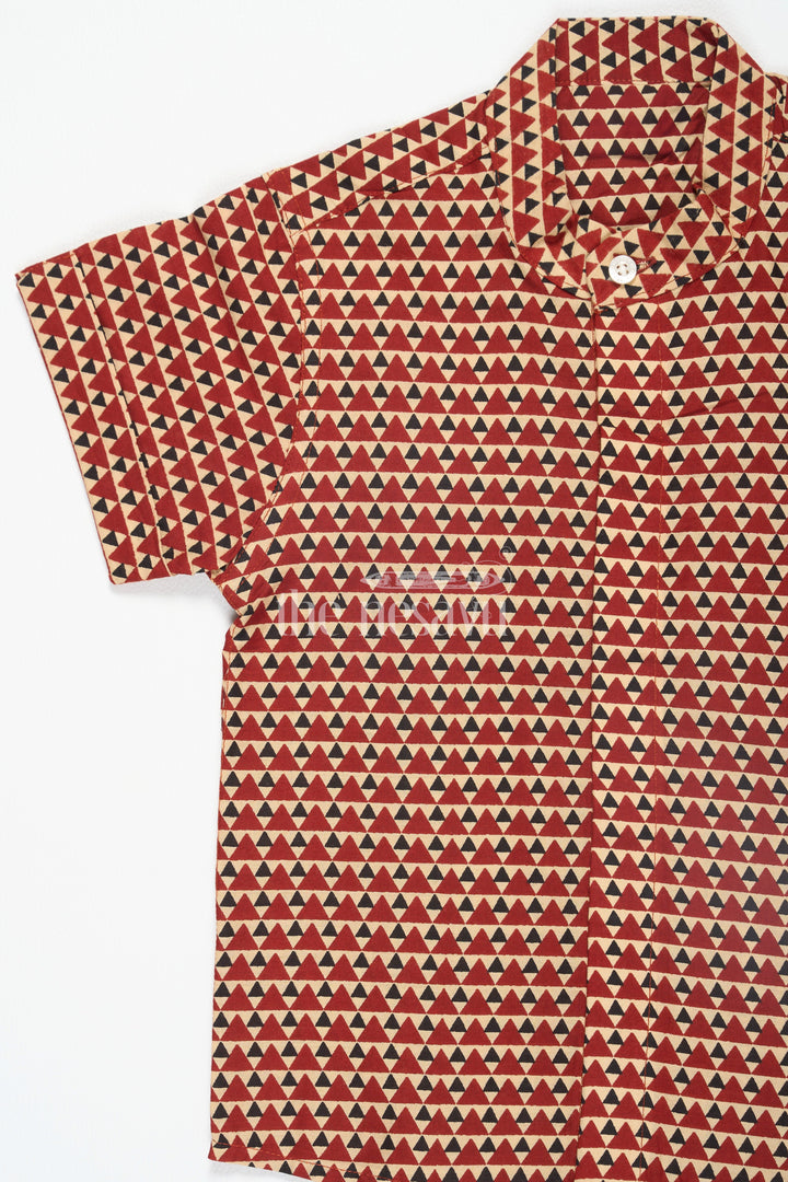 The Nesavu Boys Cotton Shirt Ajrak Block Printed Cotton Trousers Matching Shirt for Boys in Red with Geometric Patterns Nesavu Nesavu Boys Red Ajrak Block Printed Cotton Shirt Geometric Patterns Matching Trousers